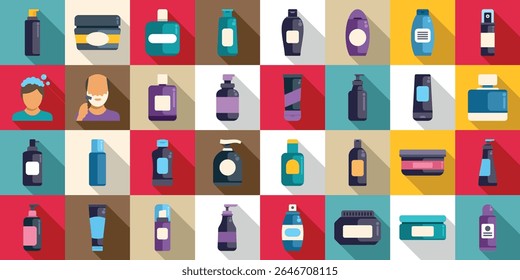 Ícones masculinos cosméticos definidos. Ilustração vetorial colorida de cabelo e produtos de barbear e um homem usando creme de barbear