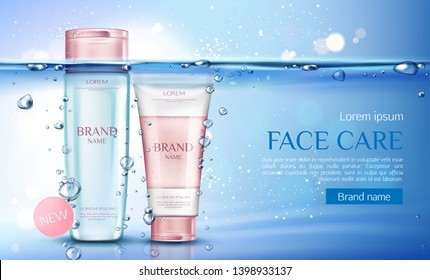 Cosmetic micellar water and scrub bottles mockup, beauty cosmetics products line for face care on transparent aqua background with air bubbles. Tubes packages. Realistic 3d vector illustration, banner