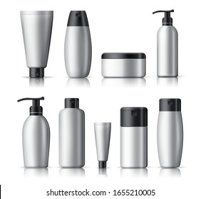 Cosmetic mock up bottle vector set. Mock up set of realistic cosmetic package of white blank cosmetics bottles, containers with black cap isolated in white background. Vector illustration 