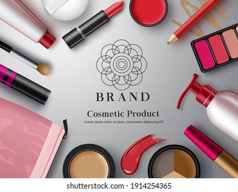 Cosmetic mock up products vector banner template. Make up cosmetics product with eye shadow pallete, lipstick and foundation elements for beauty glamour kit brand promotion ad. Vector illustration