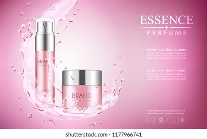 cosmetic mock up with water pour elements on pink background, vector illustration.