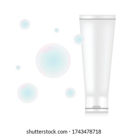 Cosmetic mockup 3d illustration bottle with water soap bubble isolated on white background