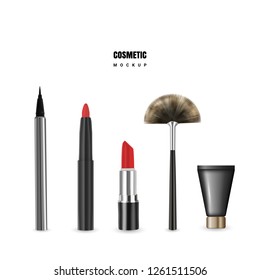 Cosmetic Mockup with Lipstick Pencil, Eyeliner, Moisturizing Nourishing Cream and Brush Isolated on White Backgriund. Realistic Vector 3d Illustration with Makeup Set or Cosmetics