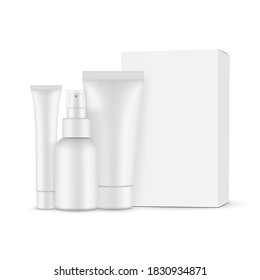 Cosmetic mockup with paper box, pump bottle, small and big plastic tubes, isolated on white background. Vector illustration
