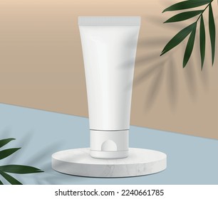 Cosmetic mockup set, white tube isolated on pastel aesthetic background with leaves, 3d illustration