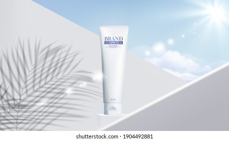 Cosmetic mockups on white podium with sky background and shadow leaves. product presentation, scene to show cosmetic product, podium, stage pedestal or platform. simple clean.advertising background.3D