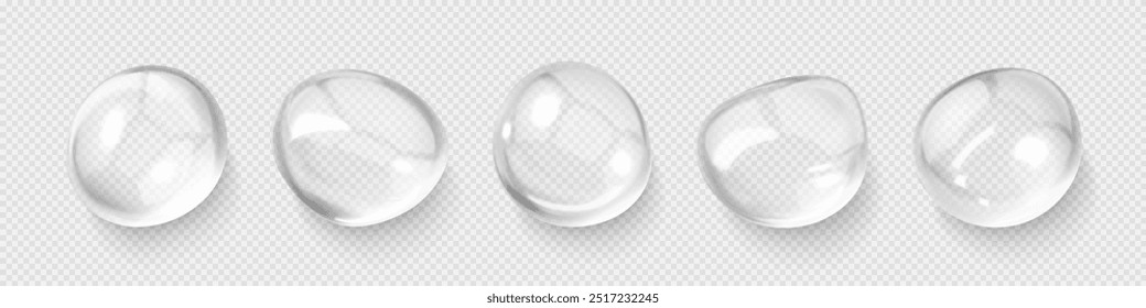 Gotas de agua con humectante cosmético. Esencia cosmética. Burbuja líquida. Producto para el cuidado de la piel con gel de colágeno. Ilustración vectorial