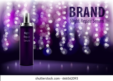 Cosmetic moisturizing brand product. Shiny violet night repair serum bottle on a dark background with soft bokeh. Vector 3D translucent bottle illustration.