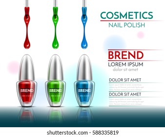 Cosmetic nail polish. Packaging design in different colors on a white background. Vector illustration