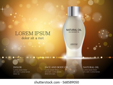 Cosmetic natural oil bottle,vector.Premium ads,translucent sprayer bottle.Isolated on golden bokeh background.Closeup color container and toner.Realistic 3D illustration for web site and poster