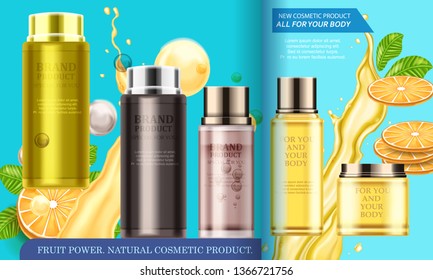 Cosmetic natural product. Realistic vector illustration. Lemon cosmetic for skin and body care.