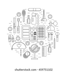 Cosmetic objects: mascara, gloss, eyeshadow, lipstick, cream, blush, perfume. Line make up objects - round shape vector flat illustration.