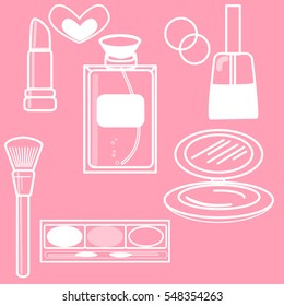 Cosmetic objects with white outlines on a pink background. Vector image suitable for use as icons, logos, signs, and symbols in the cosmetic and beauty industries.