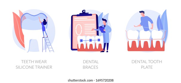 Cosmetic odontology and orthodontic procedures. Teeth straightening. Teeth wear silicone trainer, dental braces, dental tooth plate metaphors. Vector isolated concept metaphor illustrations.