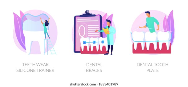 Cosmetic odontology and orthodontic procedures. Teeth straightening. Teeth wear silicone trainer, dental braces, dental tooth plate metaphors. Vector isolated concept metaphor illustrations.