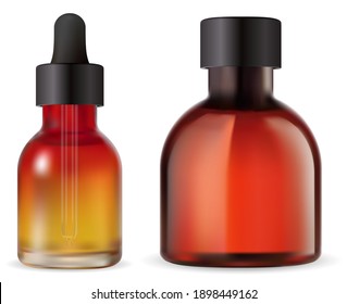 Botella de aceite cosmético. Botellas de aceite esenciales con gotero aislado. Vial sérico marrón con pipeta, acondicionamiento para apóstatos médicos. Matraz ámbar para el producto de belleza de esencia aroma. Mockup de Jar