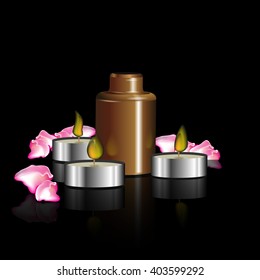 cosmetic oil, candles, rose petals