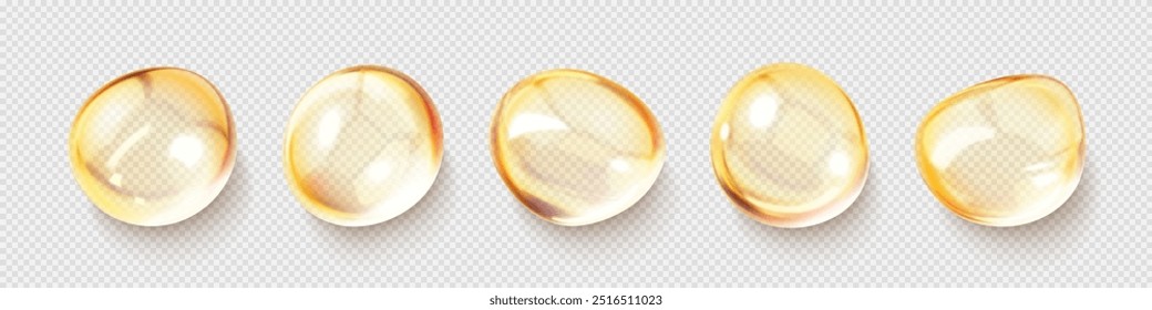 Gotas de aceite cosmético. Gotas de suero líquido claro. Burbujas de esencia de colágeno. Concepto de solución cosmética para el cuidado de la piel. Vector ilustración realista