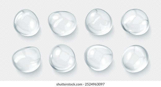 Cosmetic oil droplets. Clear liquid drops. Hyaluronic acid. Collagen gel skincare product. Vector illustration