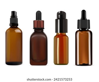 Botella de cuentagotas de aceite cosmético. Vial de esencia sérica de vidrio marrón. Diseño de matraz de pipeta realista. Frasco de colágeno de medicina se burla de un ojo suelto. Frasco ámbar de producto de belleza, contenedor de aromaterapia