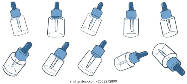 Botella de gotero de aceite cosmético. Maqueta de empaquetado del gotero del suero, aislada. Vial médico de vidrio blanco, paquete de aceite esencial. Frasco de esencia de aroma líquido, maqueta de tratamiento de colágeno