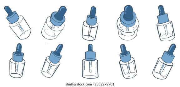 Botella de gotero de aceite cosmético. Maqueta de empaquetado del gotero del suero, aislada. Vial médico de vidrio blanco, paquete de aceite esencial. Frasco de esencia de aroma líquido, maqueta de tratamiento de colágeno