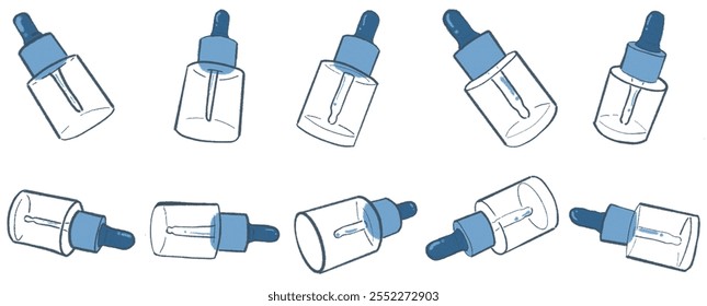 Botella de gotero de aceite cosmético. Maqueta de empaquetado del gotero del suero, aislada. Vial médico de vidrio blanco, paquete de aceite esencial. Frasco de esencia de aroma líquido, maqueta de tratamiento de colágeno