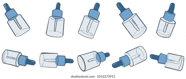 Botella de gotero de aceite cosmético. Maqueta de empaquetado del gotero del suero, aislada. Vial médico de vidrio blanco, paquete de aceite esencial. Frasco de esencia de aroma líquido, maqueta de tratamiento de colágeno