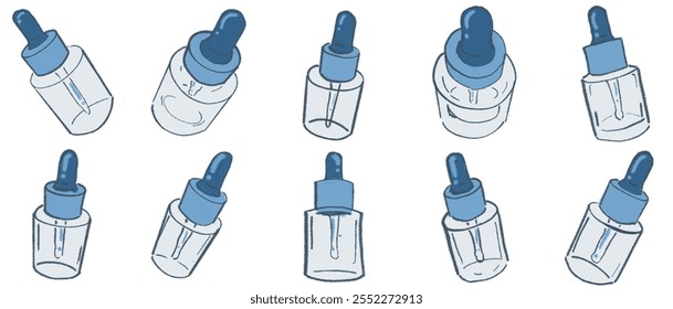 Botella de gotero de aceite cosmético. Maqueta de empaquetado del gotero del suero, aislada. Vial médico de vidrio blanco, paquete de aceite esencial. Frasco de esencia de aroma líquido, maqueta de tratamiento de colágeno