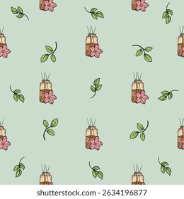 Cosmetic oil and lotus flowers with leaves. Vector seamless pattern. Bright illustration for background, print, wrapping paper. Repeating pattern on green background