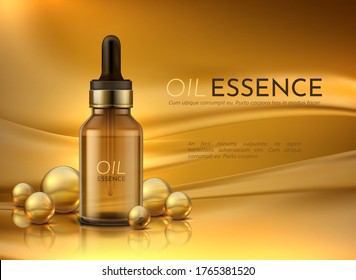 Cosmetic oil. Realistic advertisement banner with beauty cosmetics and golden oil drops. Vector luxury product with yellow liquid in brown bottle with pipette on the background bubbles