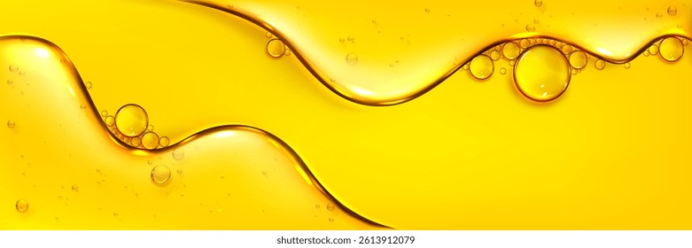 Cosmetic oil texture with air bubbles. Vector realistic illustration of yellow liquid substance background, omega vitamin serum droplet, skin care collagen gel, moisture essence, fuel blob macro image