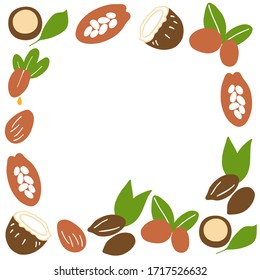 Cosmetic oils seamless frame. Nuts from which squeeze oils. Nourishing oils for skin beauty. Vector icons