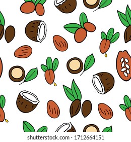 Cosmetic oils seamless pattern. Nuts from which squeeze oils. Nourishing oils for skin beauty. Vector icons