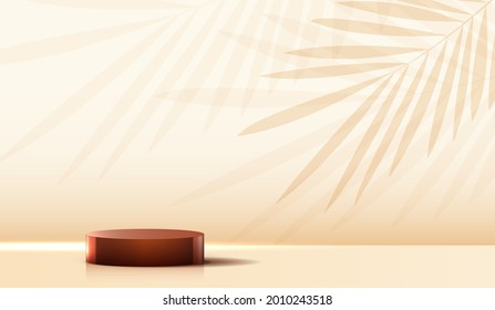 Cosmetic on brown background and premium podium display for product presentation branding and packaging . studio stage with shadow of leaf background. vector design.