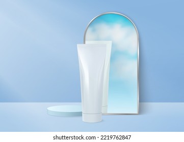 Cosmetic on exhibition podium. Sky reflection in mirror. 3D pastel background. Blue surface. Moisturizing cream packaging. Realistic showcase template. Vector illustration neoteric banner