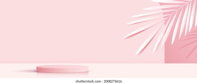 Cosmética sobre fondo rosa y pantalla de podio premium para la presentación de productos de marca y embalaje . escenario de estudio con sombra de fondo de hoja. diseño vectorial.