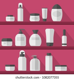 Cosmetic on shelves. Set vector blank templates of empty and clean white plastic containers: bottles with spray, dispenser and dropper, cream jar, tube. Cosmetic vector illustration