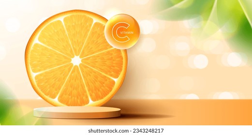 cosmetic orange background with vitamin C and premium podium display for product presentation branding and packaging presentation. studio stage with shadow of leaf background. vector design.