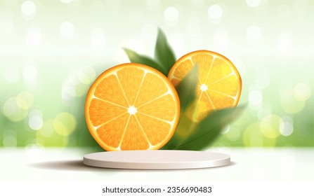 cosmetic orange background with vitamin C and premium podium display for product presentation branding and packaging presentation. studio stage with shadow of leaf background. vector design.