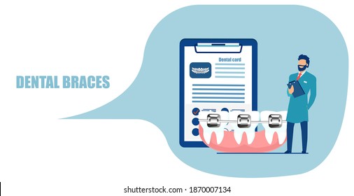 Concepto de procedimientos ortodoncicos estéticos. Vector de un dentista parado cerca de los dientes con llaves dentales