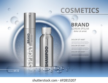 Cosmetic package ads template. Shampoo and spray in silver bottles. Mockup 3D Realistic illustration. Sparkling water drops backgrounds