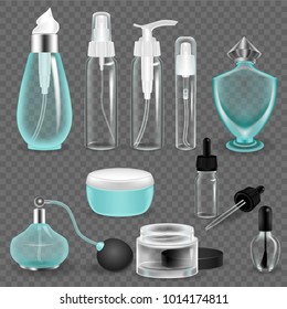 Cosmetic package collection concept. Realistic mock-up, templates, various transparent glass cases, jars, bottles, bubbles from women's cosmetics and perfumes. Vector illustration isolated.