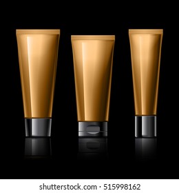 Cosmetic package collection for cream, soaps, foams, shampoo on a black background. vector illustration.