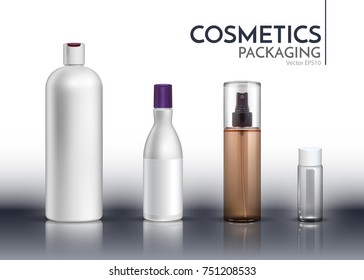 Cosmetic package collection for cream, soup, foam, shampoo. A realistic object, a shadow and a reflection. Vector illustration.