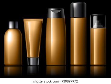 Cosmetic package collection for cream, soups, foams, shampoo on a black background. vector illustration.