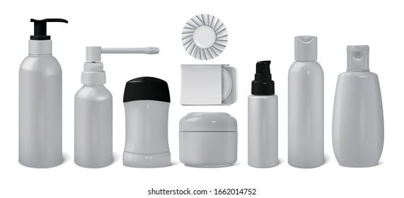 Cosmetic package containers and plastic bottles isolated on white. Beauty jars mockup, cream packaging, shampoo bottles, shower gel or soap with dispenser. Realistic 3d vector illustration