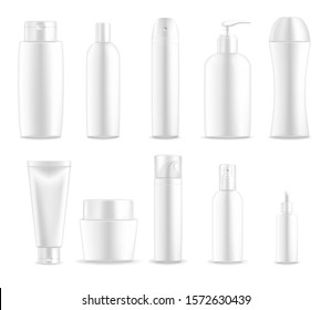 Cosmetic package containers and white plastic bottles, vector blank ed, realistic mockups. Skincare package cream tubes and body lotion, shaving foam or shower gel and liquid soap with dispenser