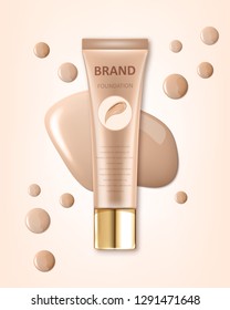 Cosmetic package design, blank foundation tube mockup for design uses in complexion color tone. Realistic vector illustration