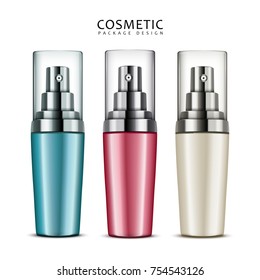 Cosmetic package design, blank spray bottles set in different colors in 3d illustration, isolated on white background